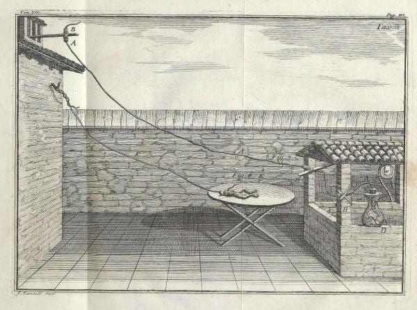 Figure 1. The original print from Galvani’s 1791 publication. An illustration of Galvani’s setup, depicting a dead frog connected to a lightning rod.