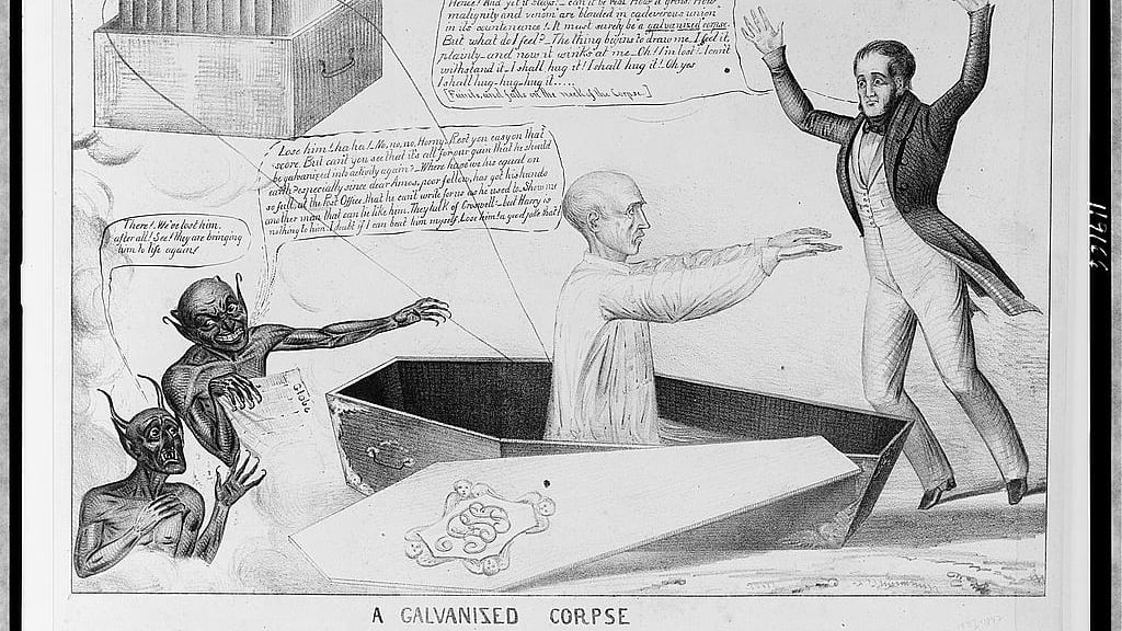 Figure 4. A Galvanized corpse. Published in 1836, this cartoon depicts Galvani’s nephew electrifying a criminal’s corpse.