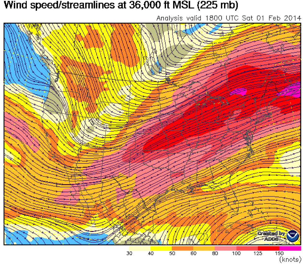 Figure 1: Winds at 36,000 feet on 2/1/2014. Taken from NOAA’s aviation weather center.